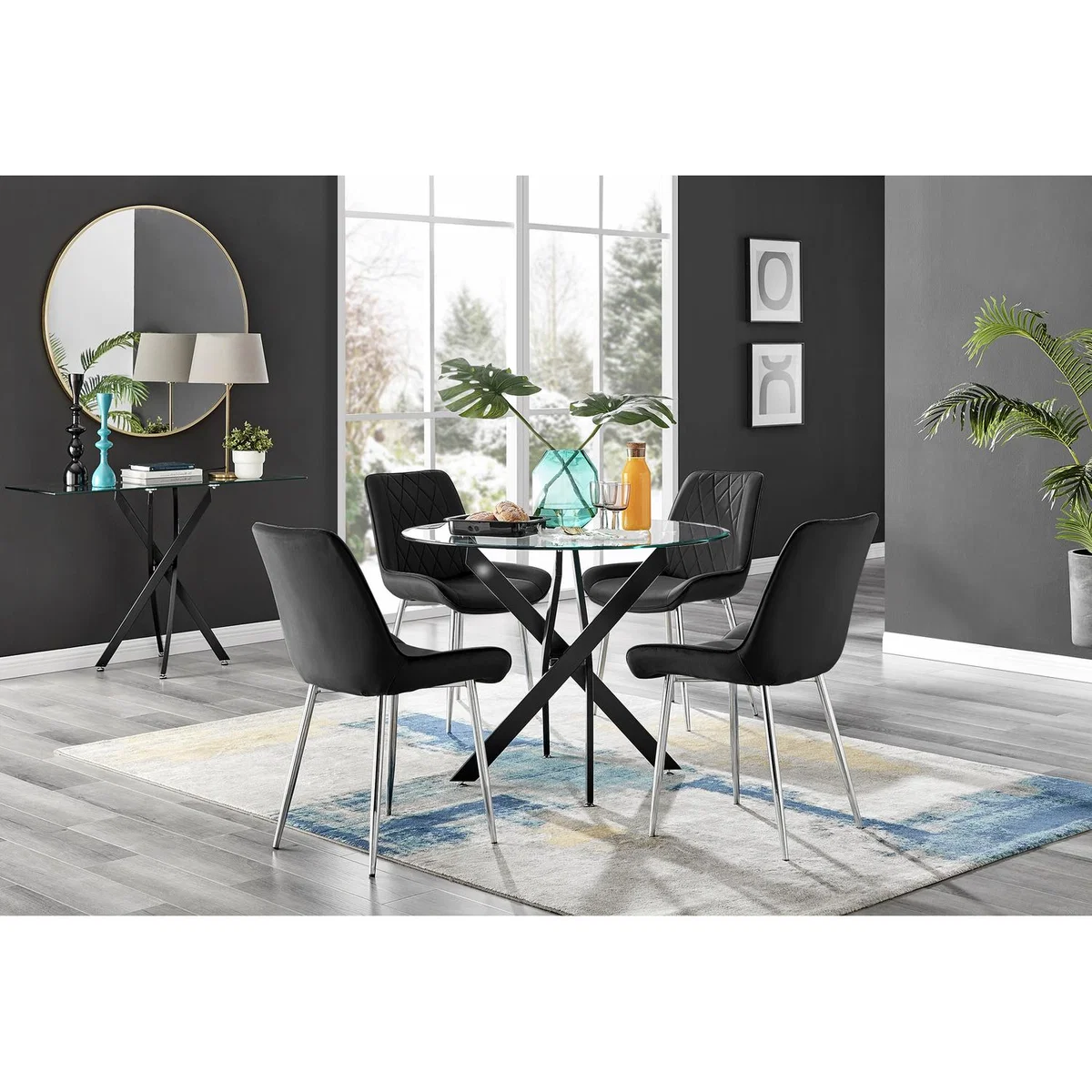 Novara Black Leg Round Glass Dining Table 4 Pesaro Silver Chairs - Navy – image 40