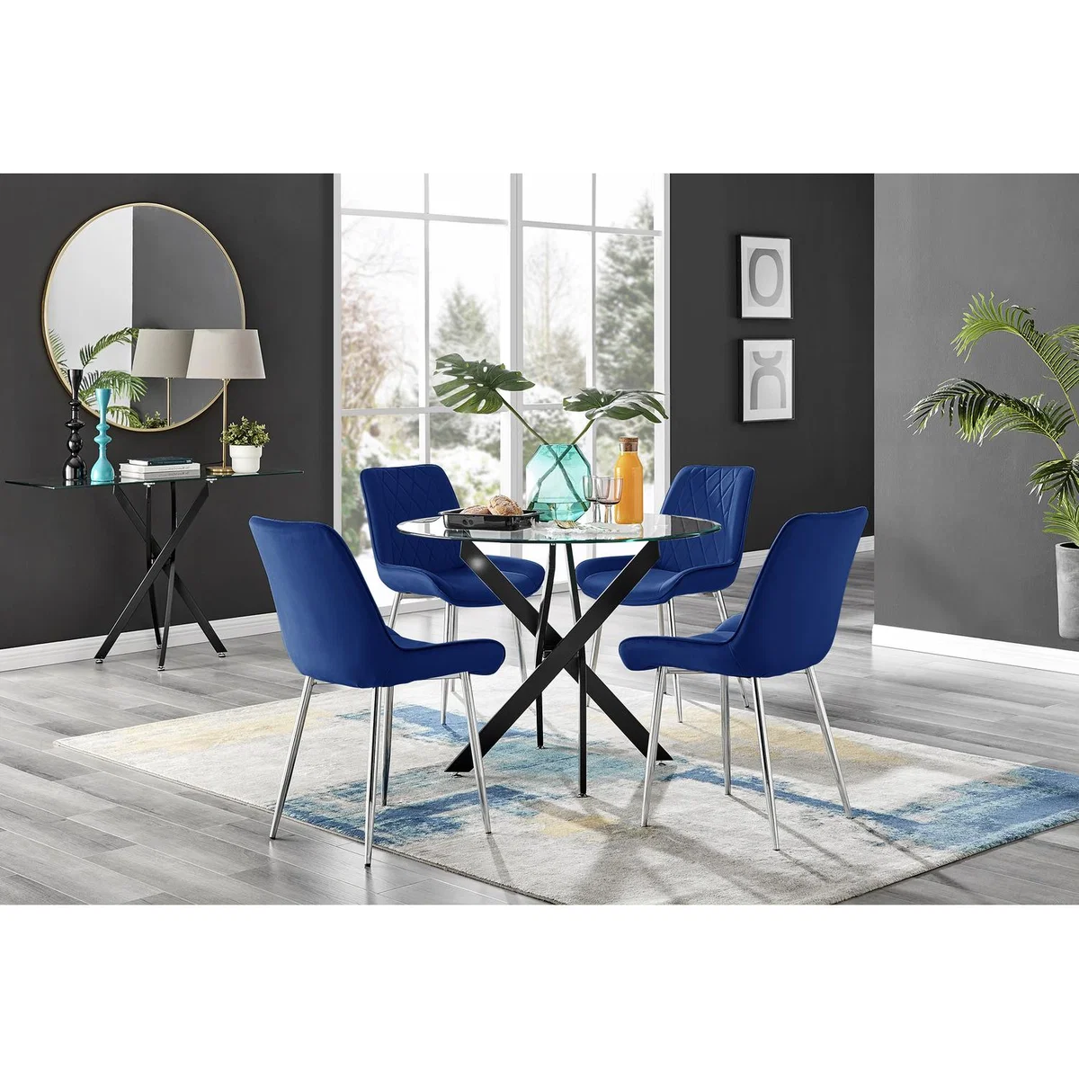 Novara Black Leg Round Glass Dining Table 4 Pesaro Silver Chairs - Navy – image 49