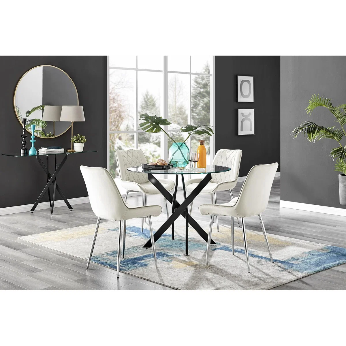 Novara Black Leg Round Glass Dining Table 4 Pesaro Silver Chairs - Navy – image 56