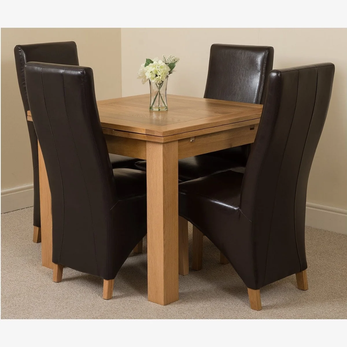 Richmond 90-150cm Square Oak Extending Dining Table + 4 Lola Leather Chairs - Brown – image 1