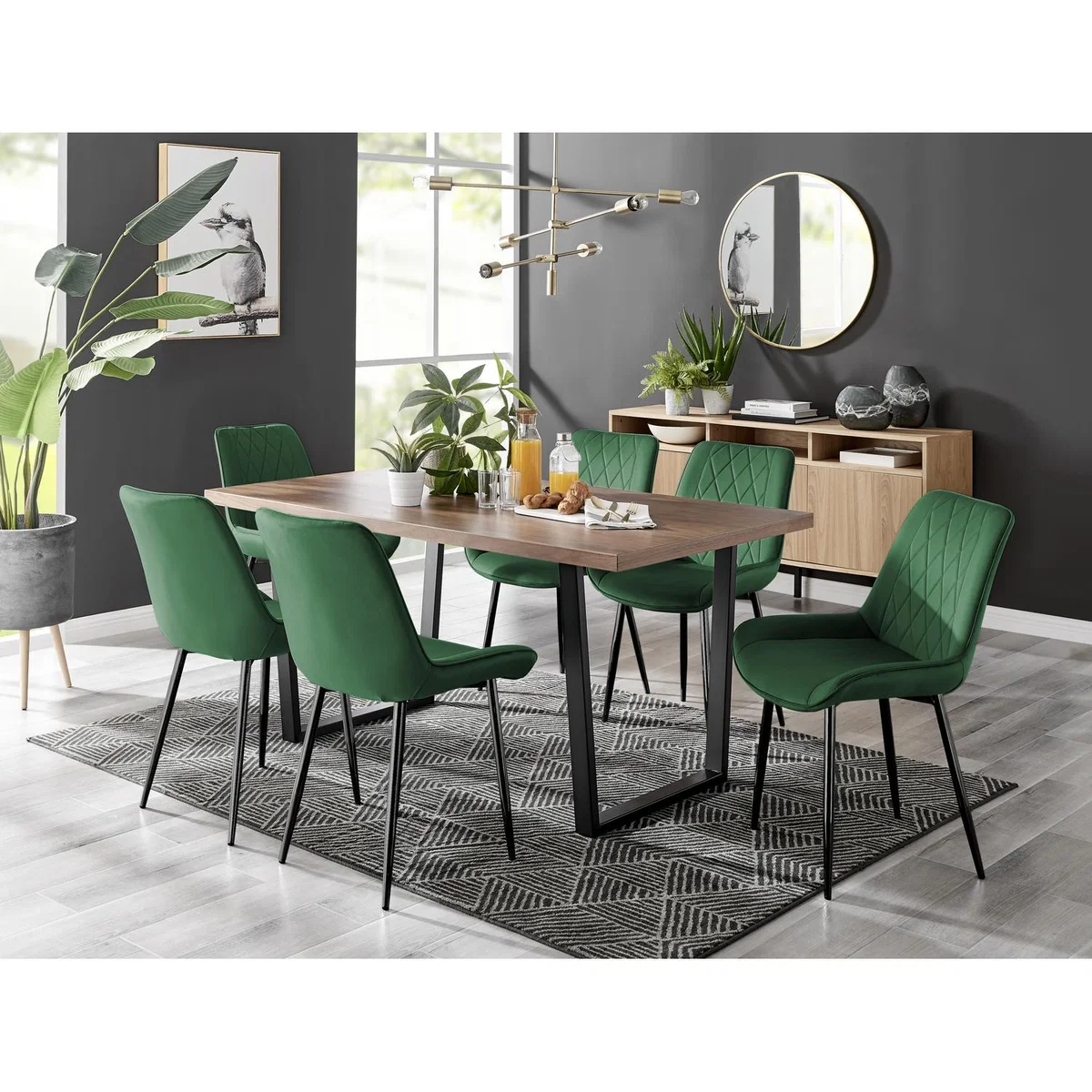 Kylo Brown Wood Effect Dining Table 6 Pesaro Black Leg Chairs - Green – image 17