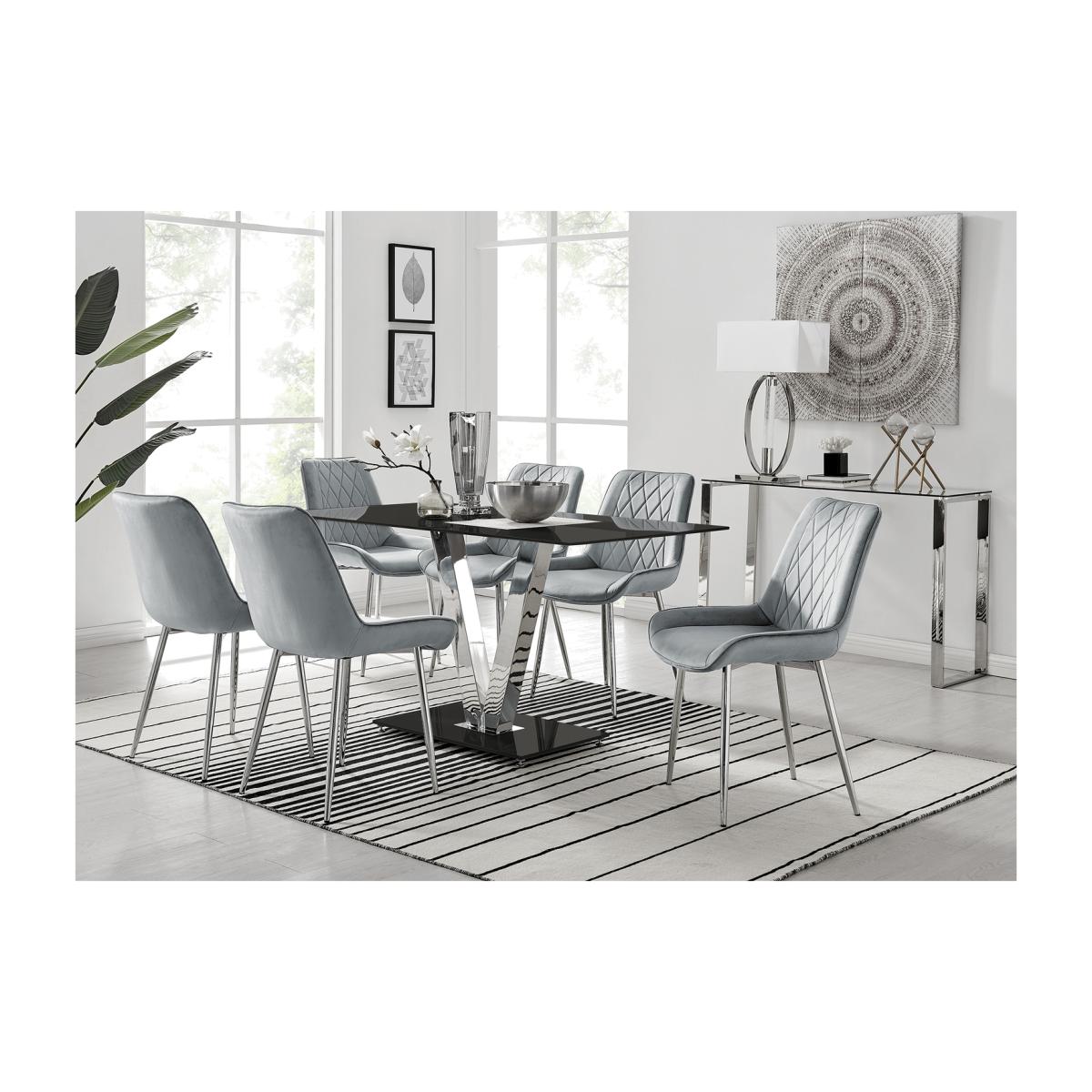 Florini V Black Dining Table and 6 Pesaro Silver Leg Chairs - Grey – image 1