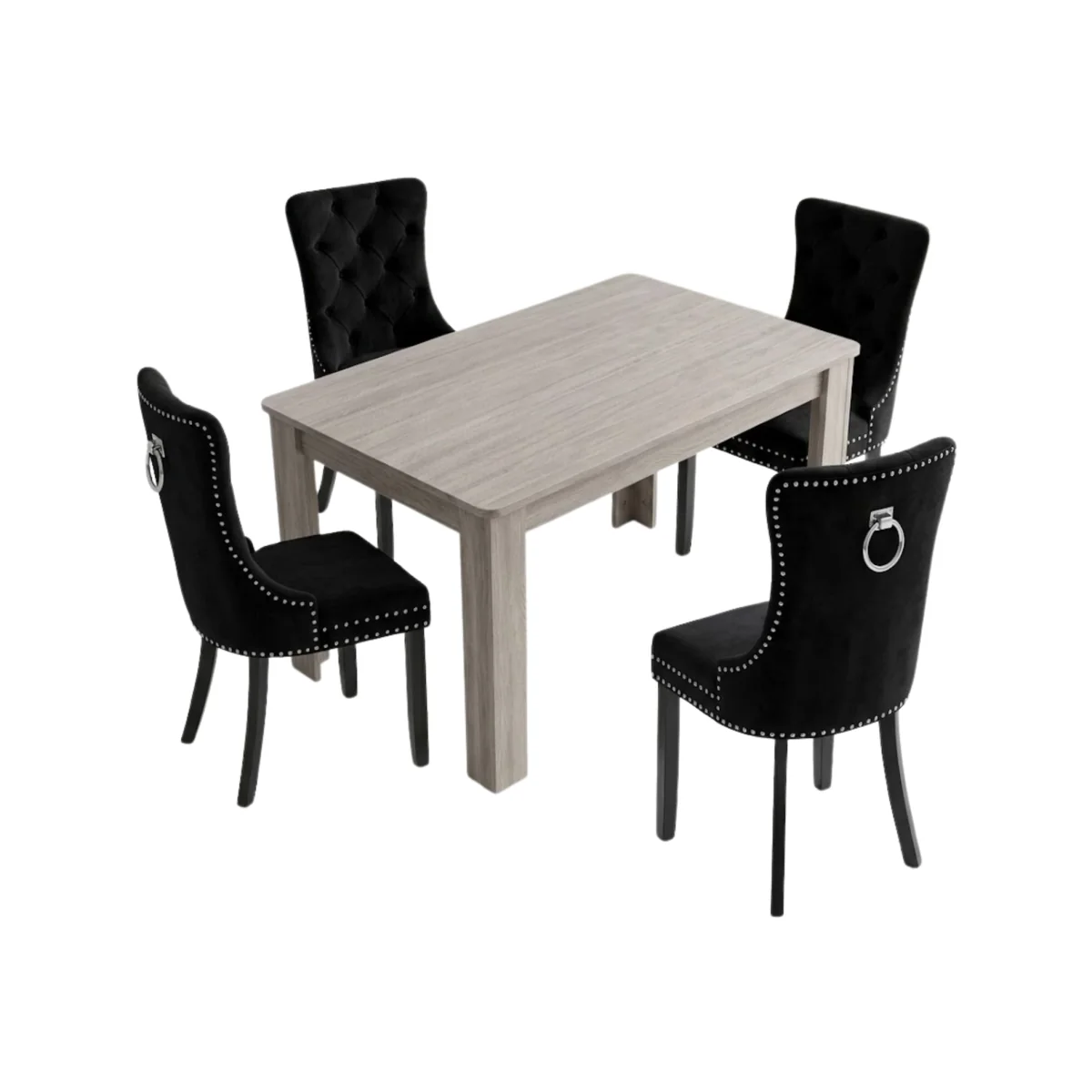 4 Seater Dining Set with Arrow Grey Table and 4 Black High Back Button Velvet Chairs with Studs - Black – image 1