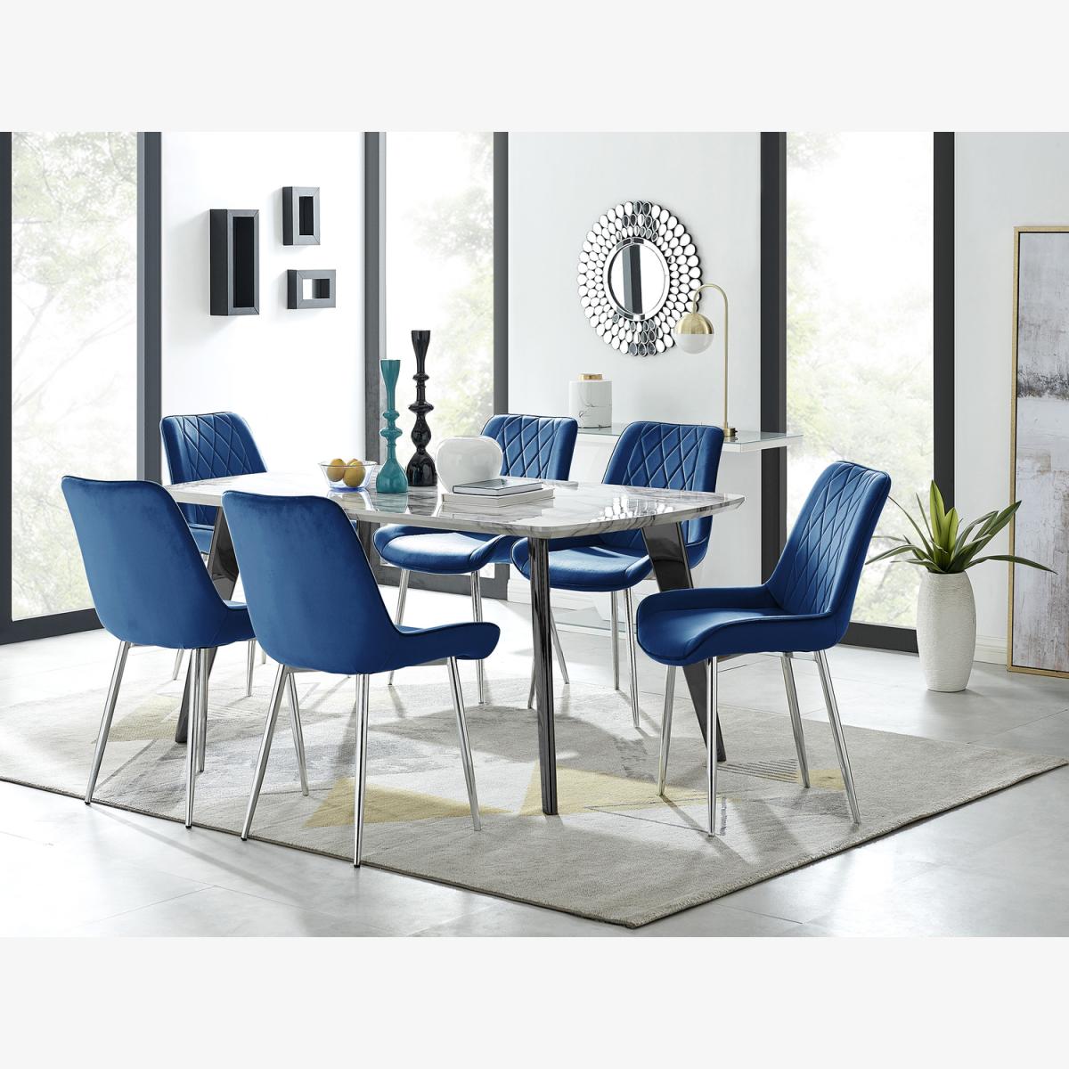 Andria Black Leg Marble Effect Dining Table and 6 Pesaro Silver Leg Chairs - Blue – image 1