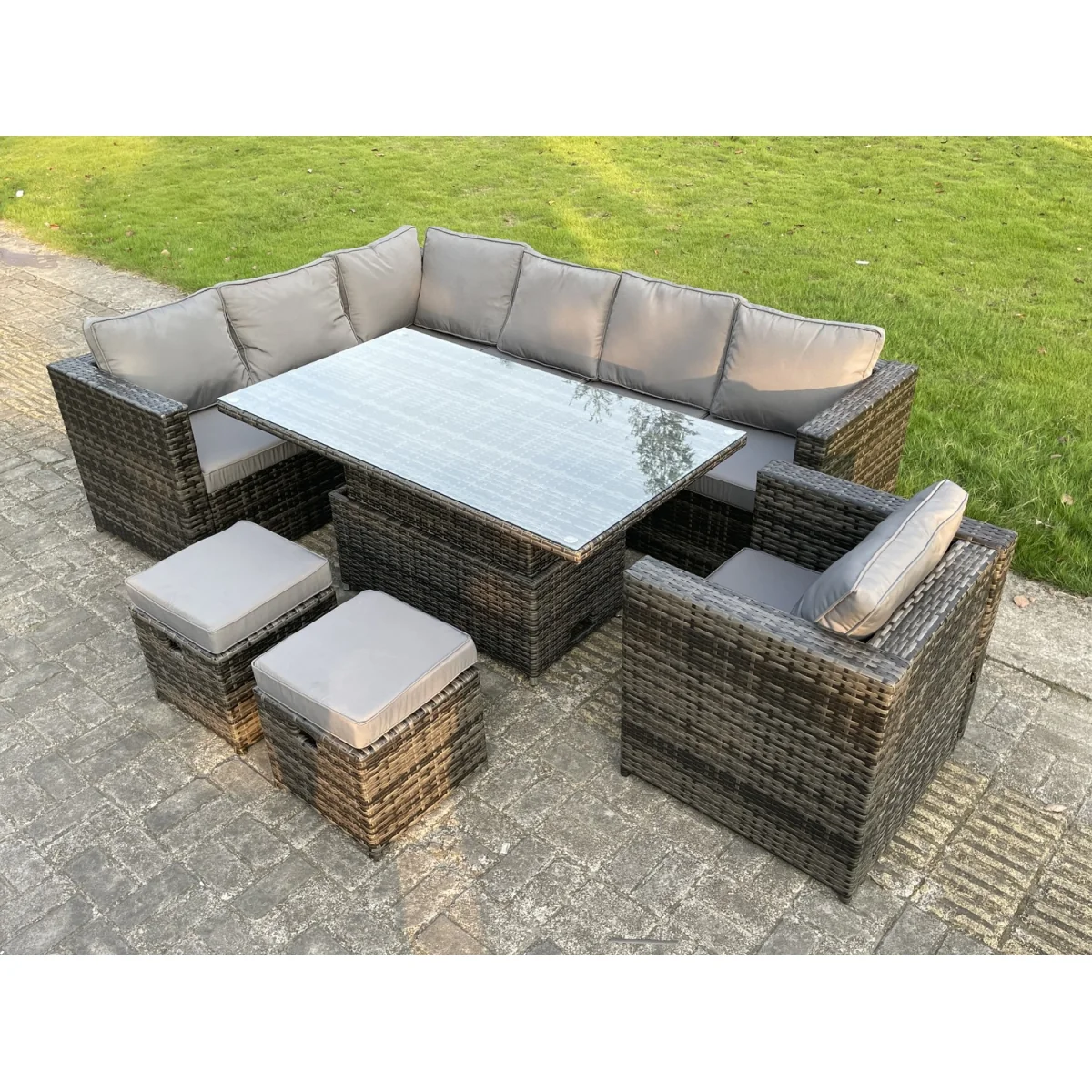 9-Seater Rattan Corner Sofa Left Corner Dining Table Chair - Dark Grey Mixed – image 2