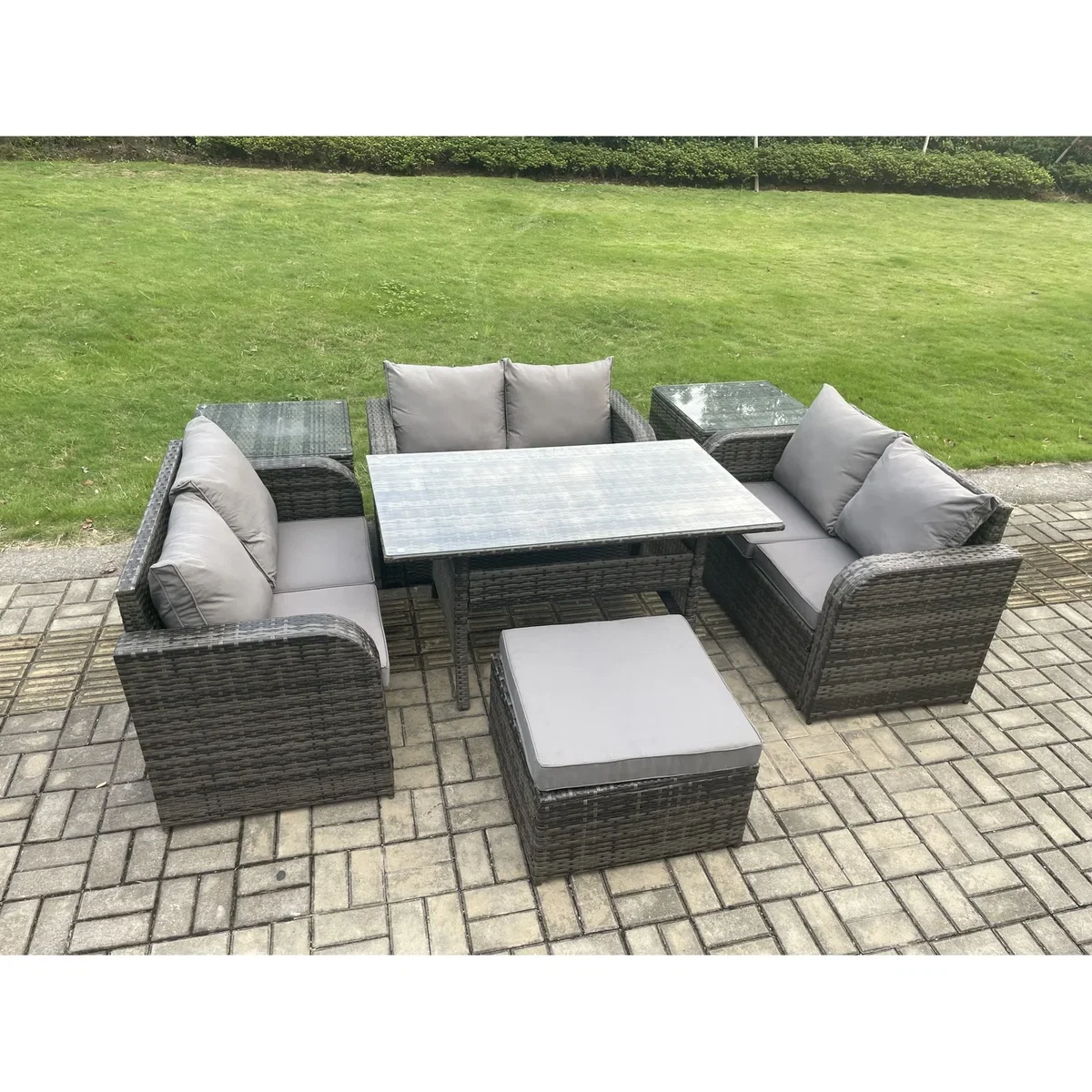 Fimous 7-Seater Rattan Love Sofa Dining Set with 2 Side Tables - Dark Grey – image 3