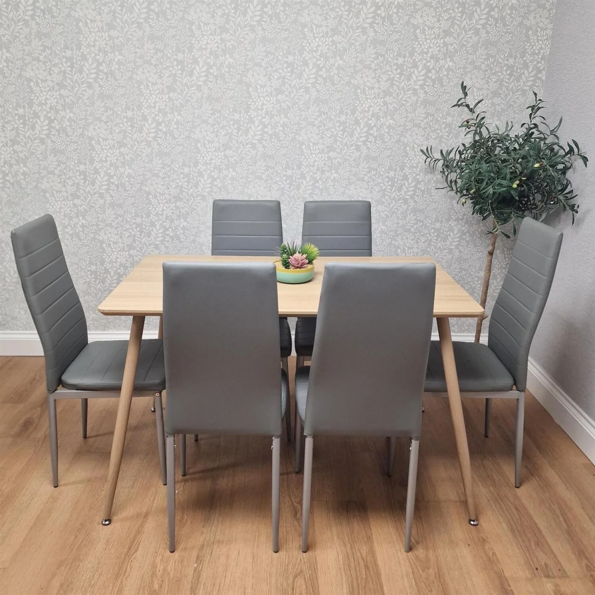 Modern Rectangle Wood Effect Dining Table Set With 6 Grey Chairs Dining Room Furniture - Brown – image 4