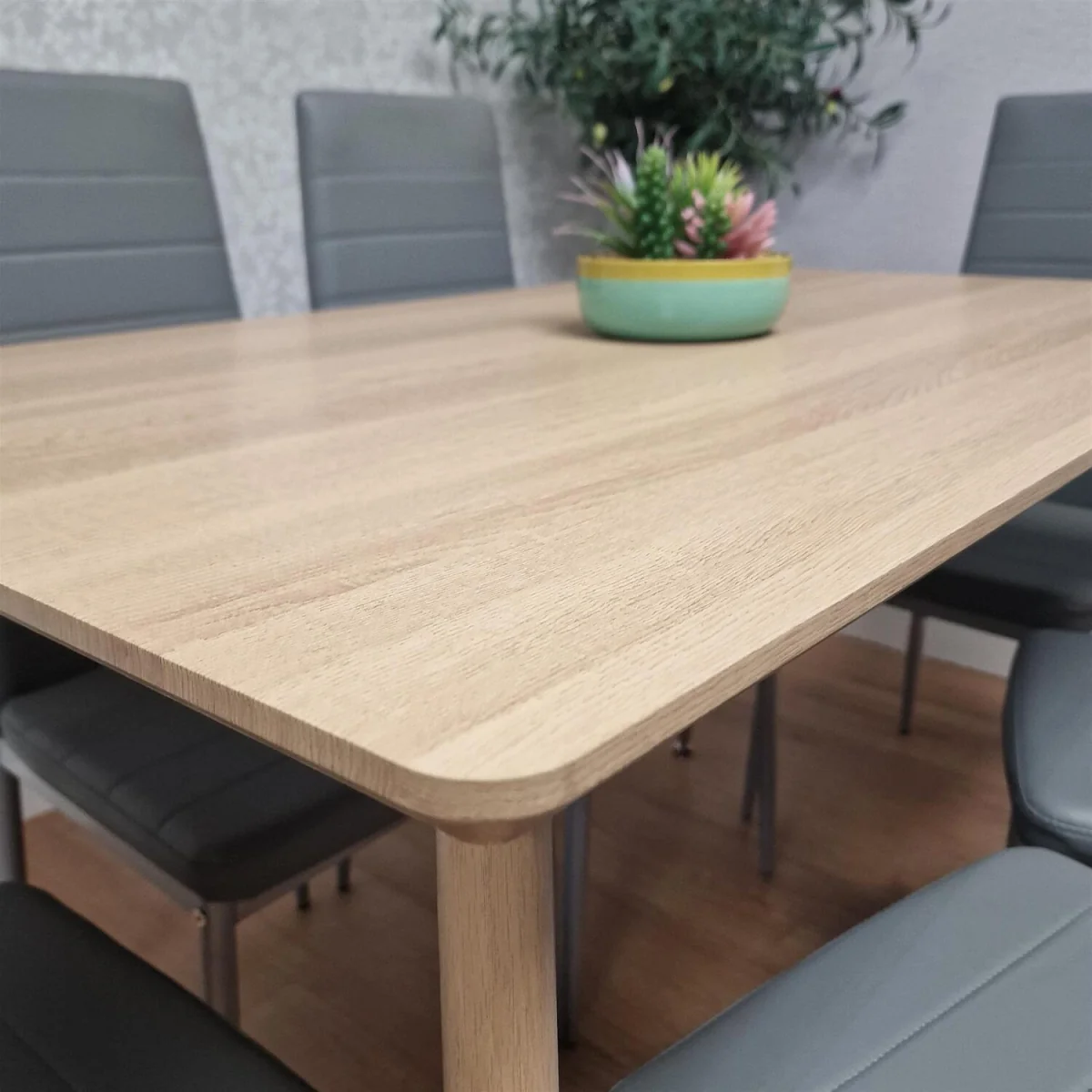 Modern Rectangle Wood Effect Dining Table Set With 6 Grey Chairs Dining Room Furniture - Brown – image 6