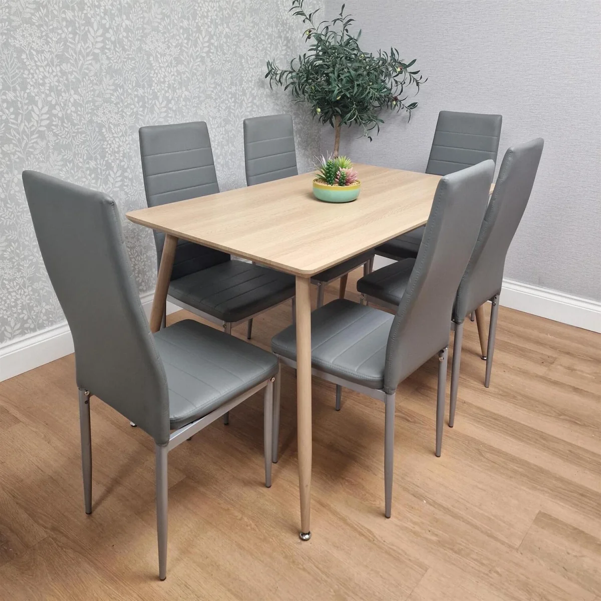 Modern Rectangle Wood Effect Dining Table Set With 6 Grey Chairs Dining Room Furniture - Brown – image 1