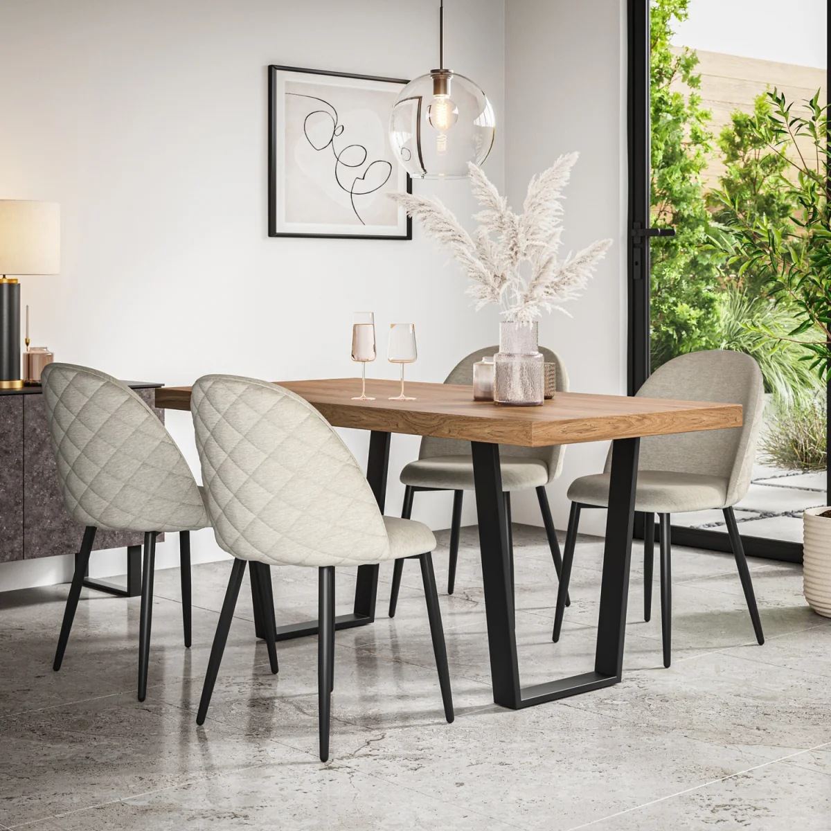 Aria Oak Effect Top Rectangle Dining Table And 6 Raye Velvet Chairs - Beige – image 1