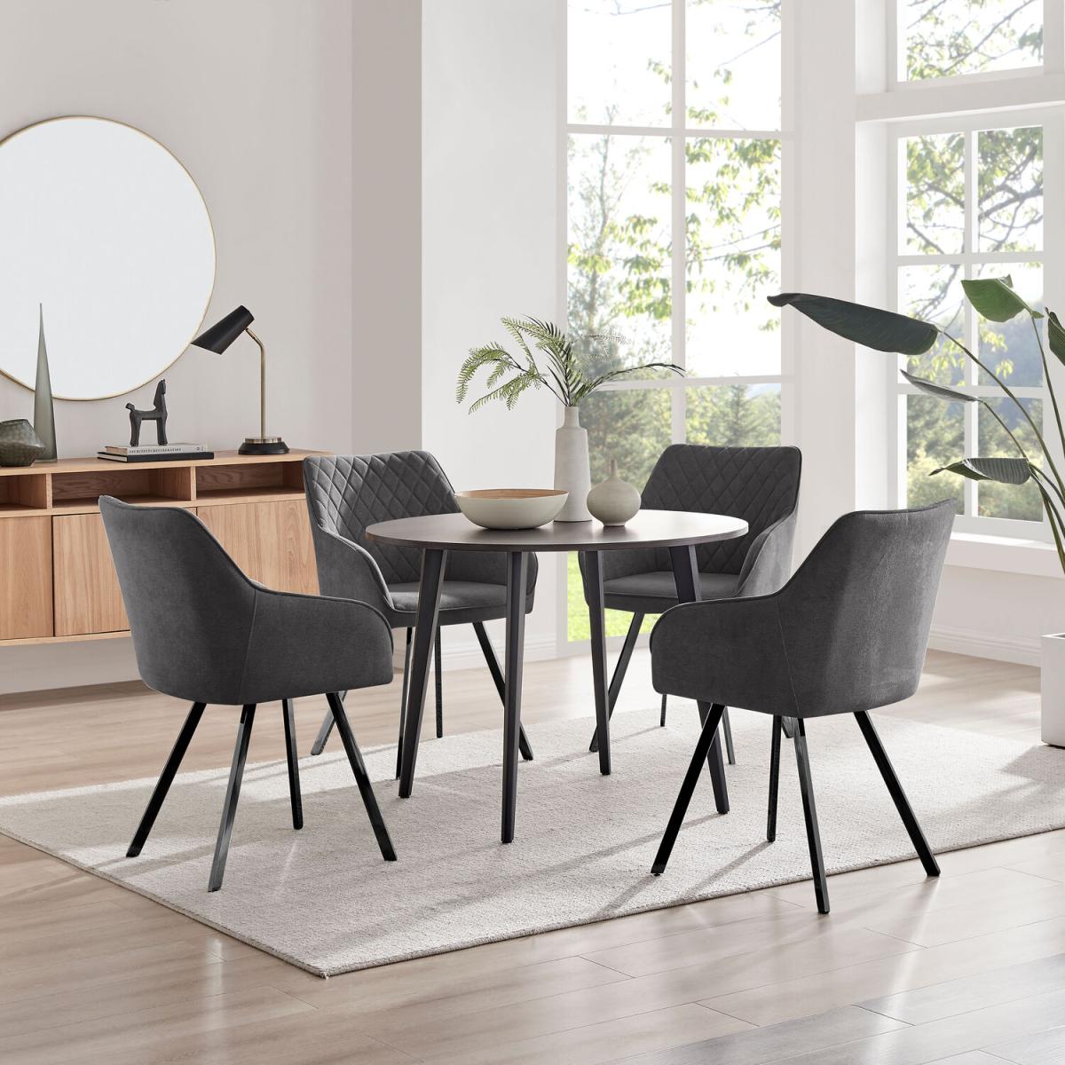 Koko Walnut Effect Round Dining Table And 4 Falun Black Leg Chairs - Dark Grey