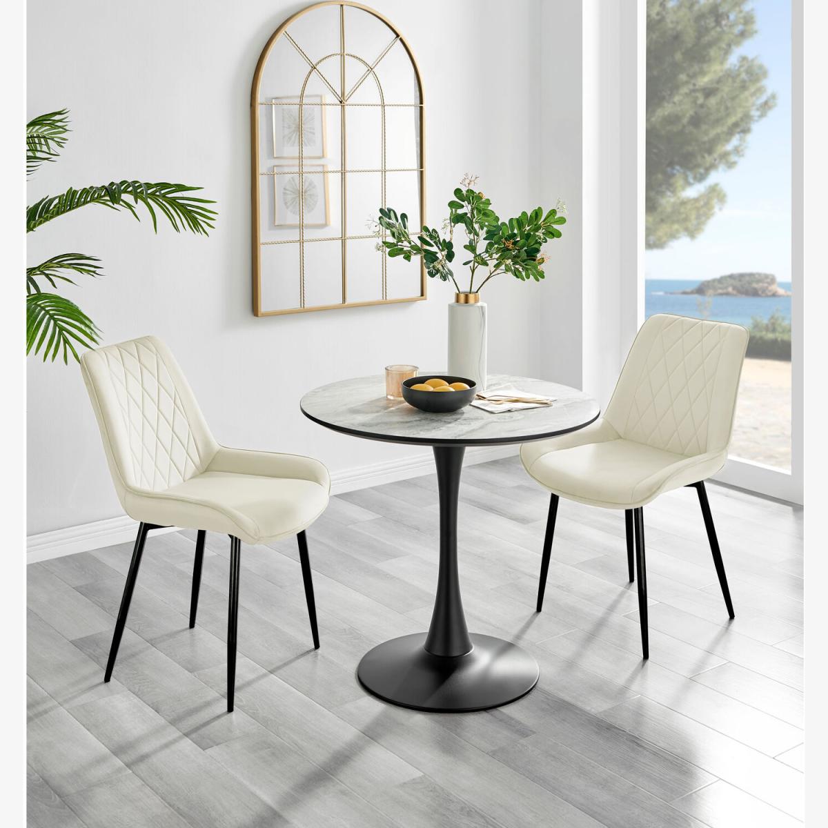 Elina White Marble Effect Round Dining Table and 2 Pesaro Black Leg Chairs - Cream – image 1