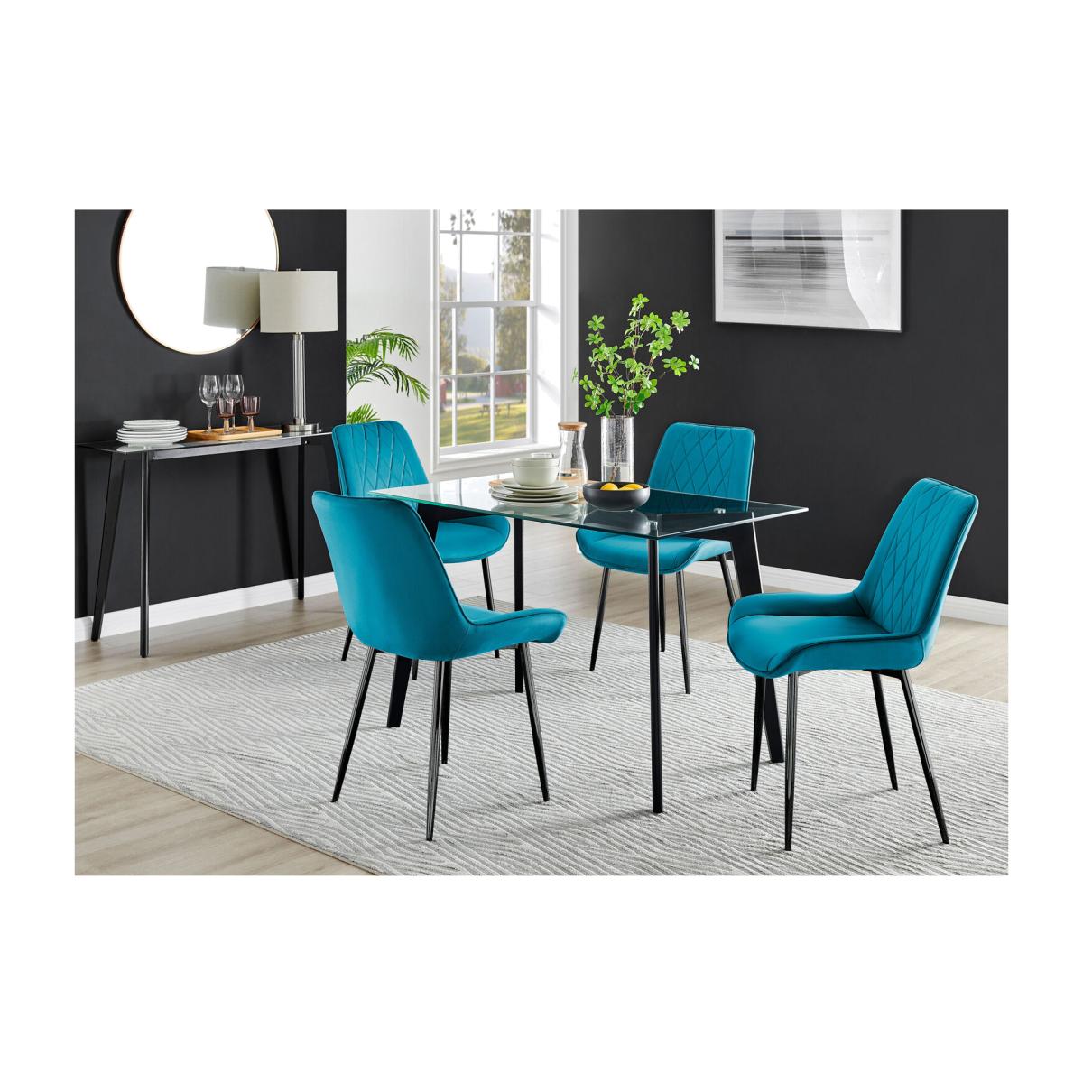 Malmo Glass and Black Leg Dining Table and 4 Pesaro Black Leg Chairs - Blue – image 1