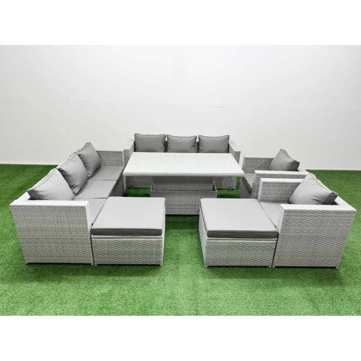 Fimous 7pc Rising Rattan Dining Set with 3-Seater Sofa, Light Grey - Light grey mixed rattan with dark grey fabric – image 2