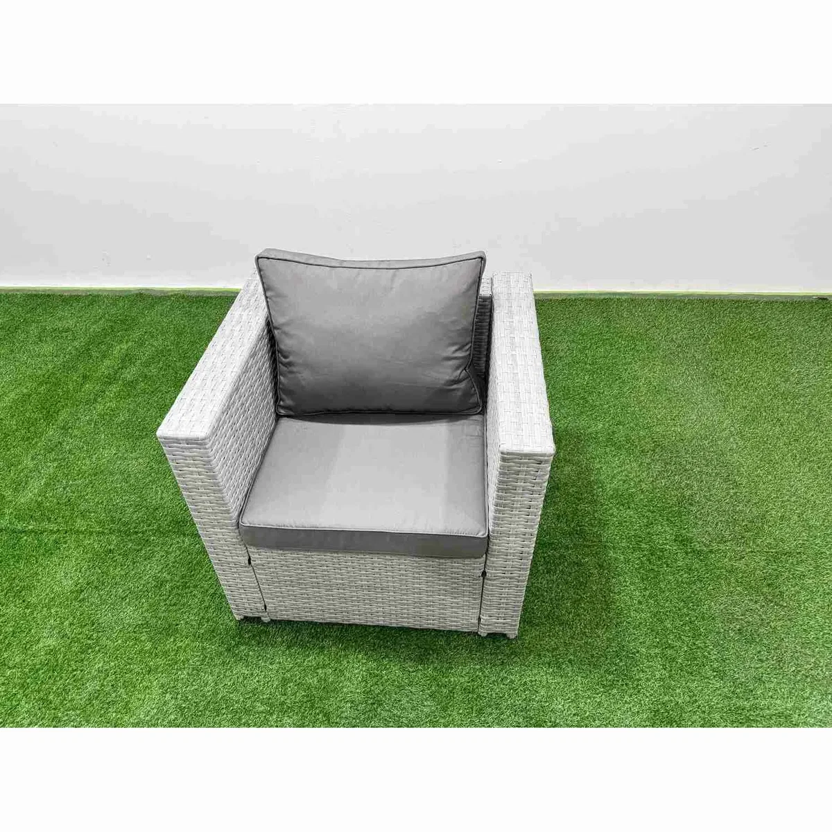 Fimous 7pc Rising Rattan Dining Set with 3-Seater Sofa, Light Grey - Light grey mixed rattan with dark grey fabric – image 5