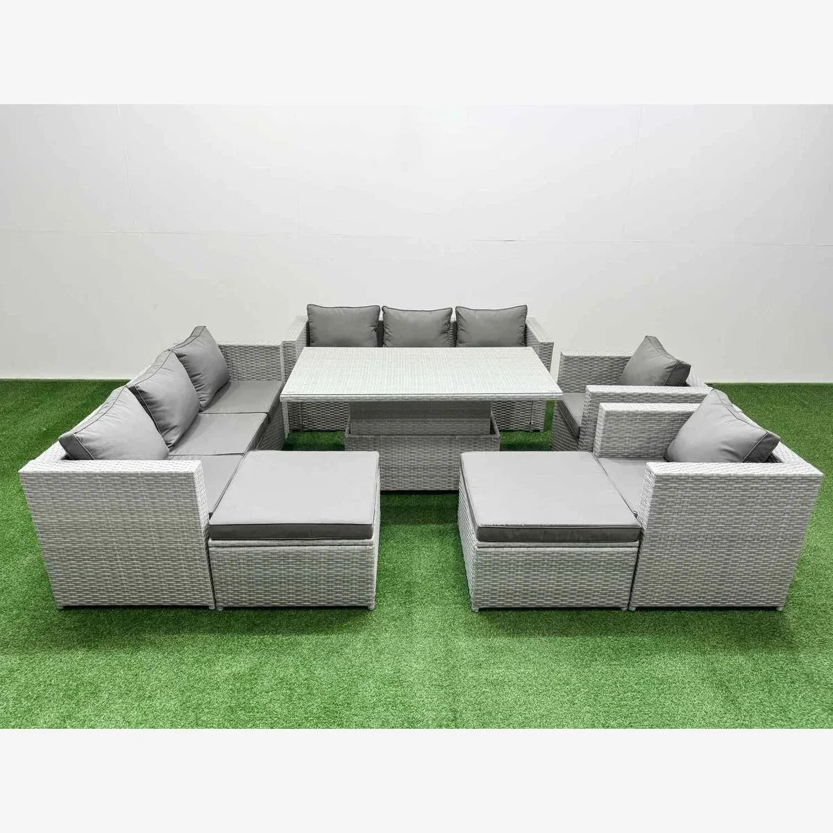 Fimous 7pc Rising Rattan Dining Set with 3-Seater Sofa, Light Grey - Light grey mixed rattan with dark grey fabric – image 1