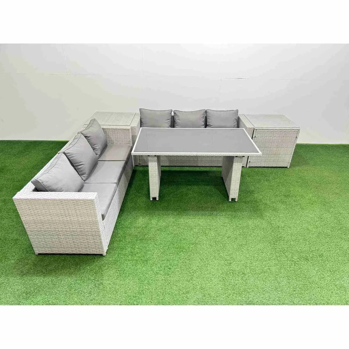Fimous 6-Seater Rattan Dining Set with Tempered Glass Table, Light Grey - Light Grey Mixed – image 4
