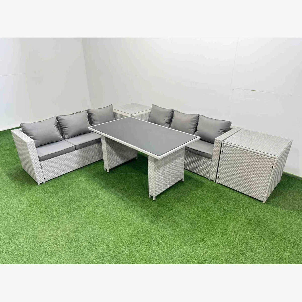 Fimous 6-Seater Rattan Dining Set with Tempered Glass Table, Light Grey - Light Grey Mixed – image 1