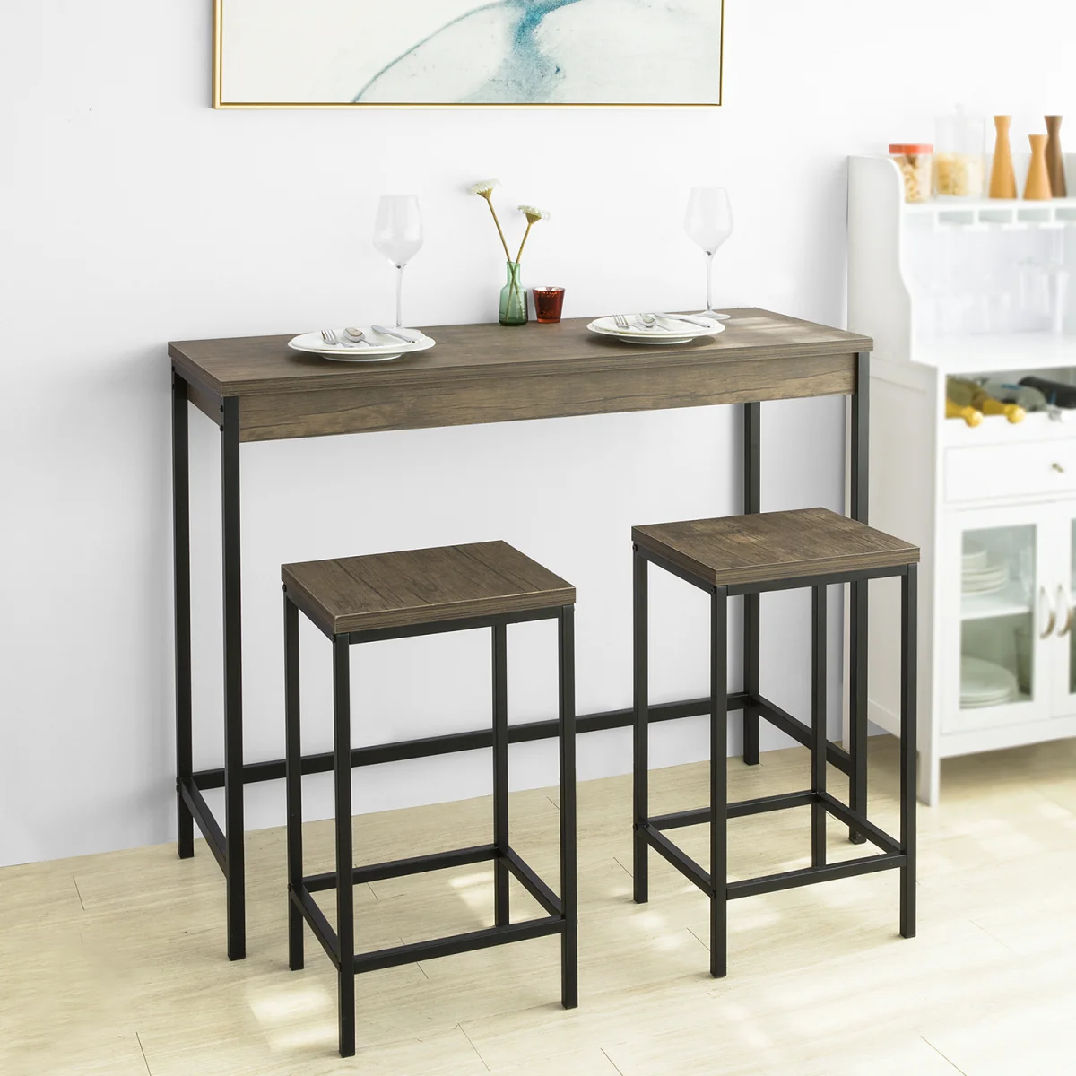Bar Set with 2 Stools - Dark Brown - Dark Brown – image 1