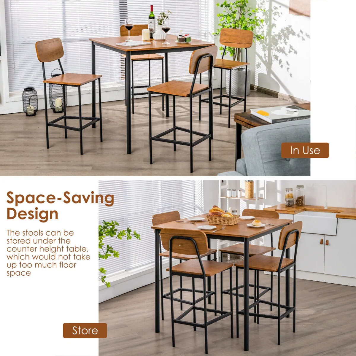 Industrial Space Saving Kitchen Dining Table Set - Brown – image 6