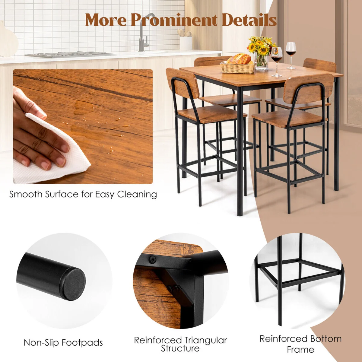 Industrial Space Saving Kitchen Dining Table Set - Brown – image 7
