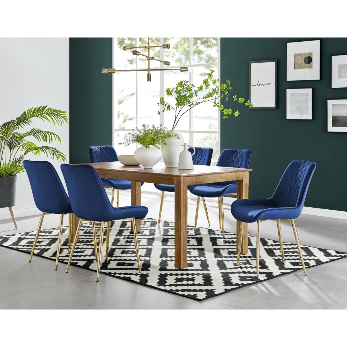 Anders Honey Solid Wood Dining Table 6 Pesaro Gold Leg Chairs - Navy – image 3