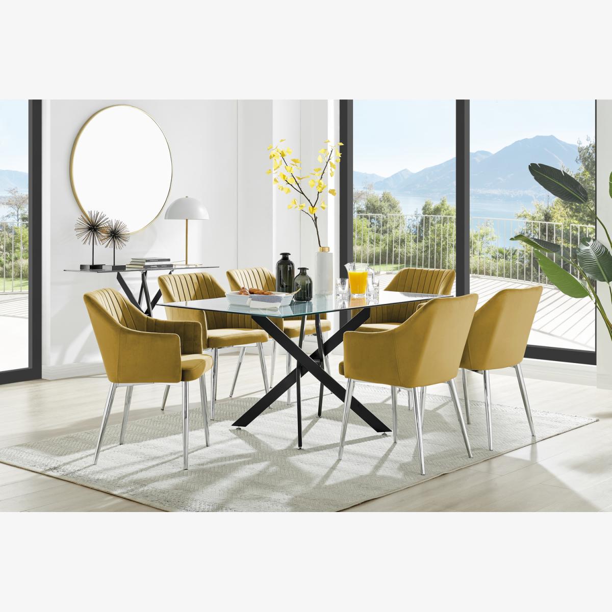 Leonardo Black Leg Glass Dining Table with 6 Calla Silver Leg Chairs - Yellow – image 1