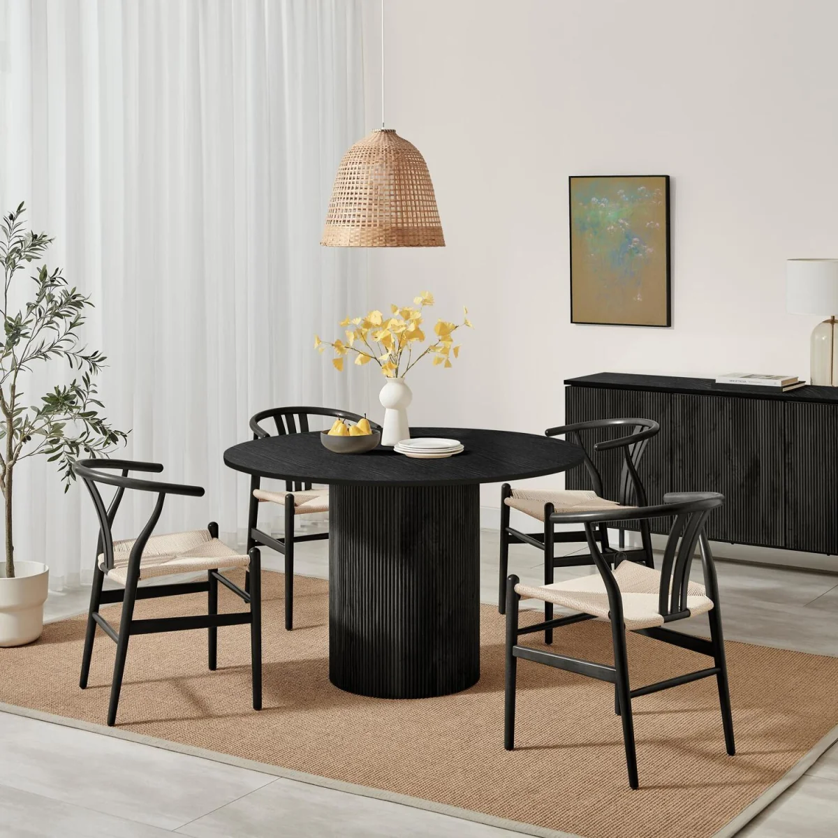 Penrose Black Wooden Round Dining Table & 4 Caia Dining Chairs - Black – image 1