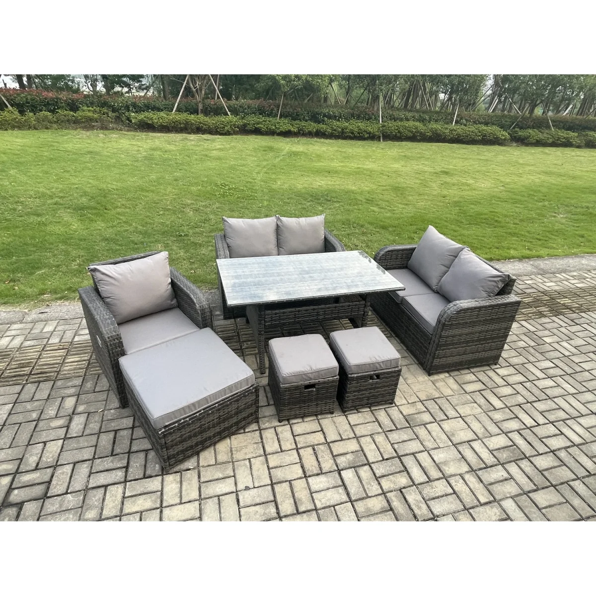 Fimous 8-Seater Rattan Lounge Dining Set with 3 Footstools - Dark Grey – image 3