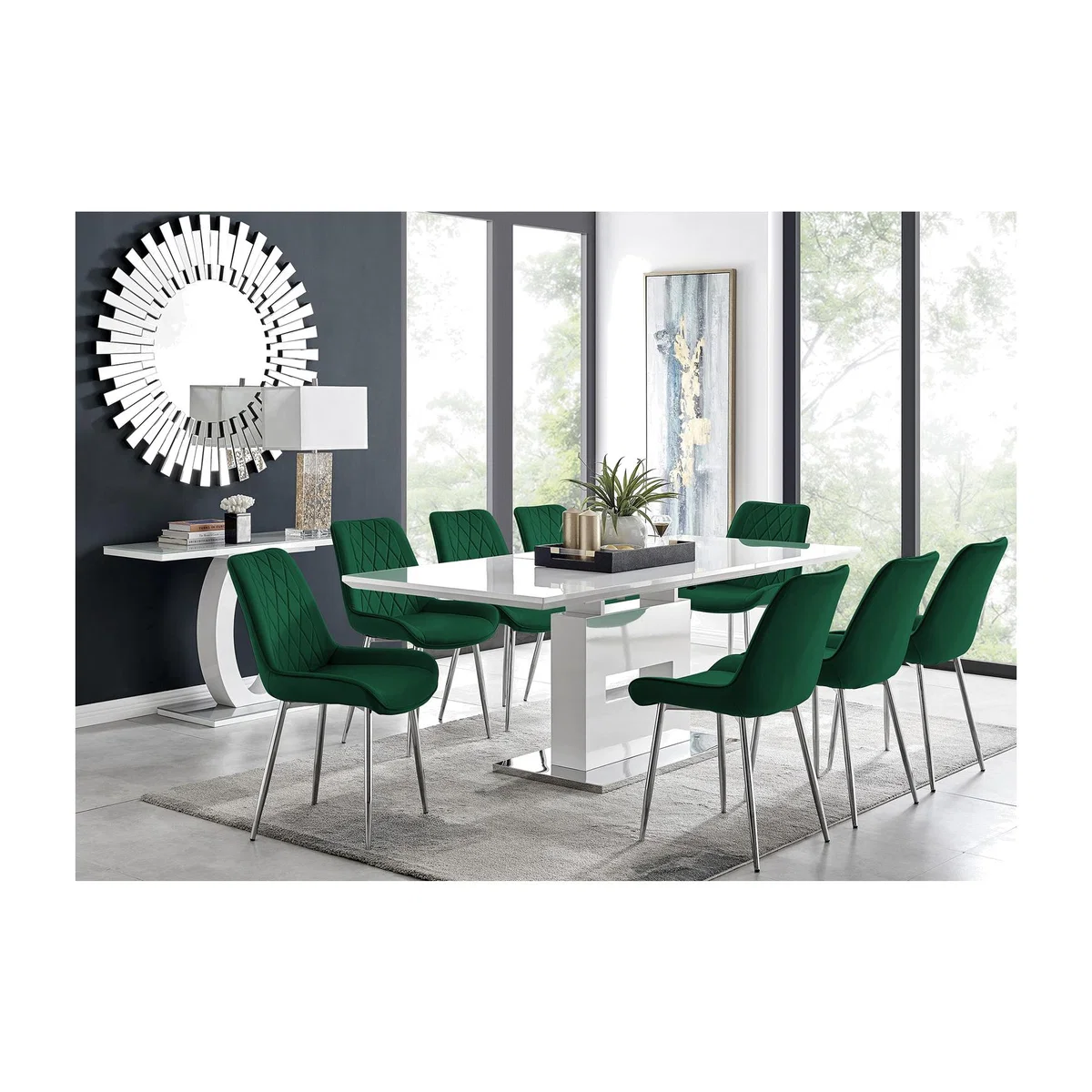 Arezzo Large Extending Dining Table 8 Pesaro Silver Leg Chairs - Green – image 1