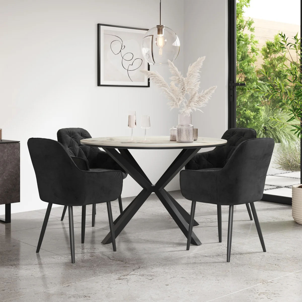 Calne Calcutta Gold Table W Blk Leg+Anika Velvet Dining Chair Set Of 4 - Grey – image 12