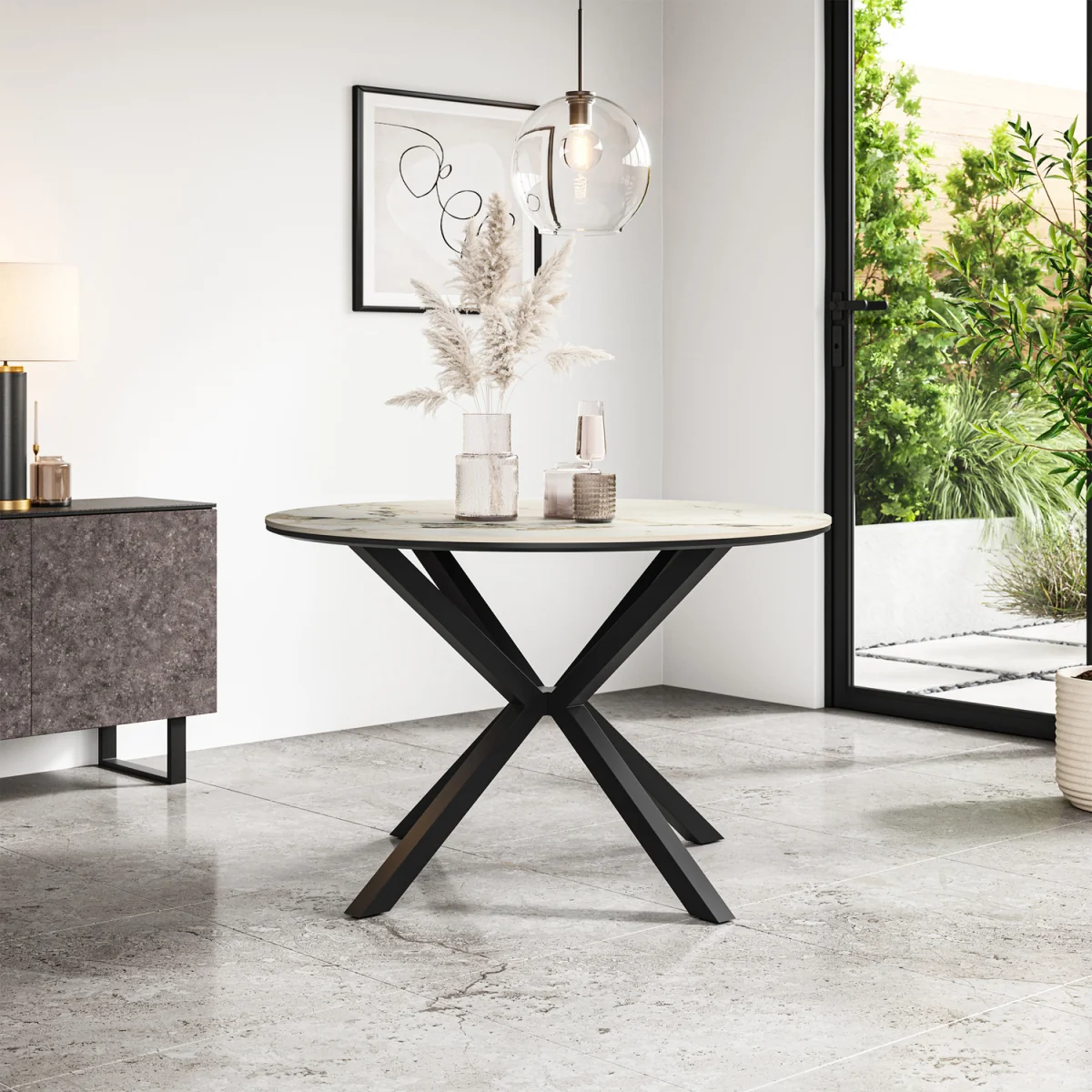 Calne Calcutta Gold Table W Blk Leg+Anika Velvet Dining Chair Set Of 4 - Grey – image 7