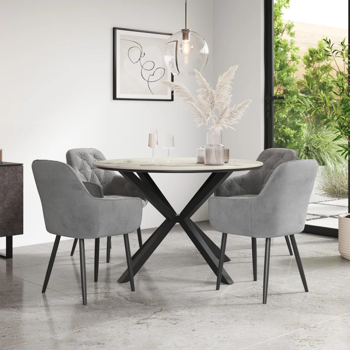 Calne Calcutta Gold Table W Blk Leg+Anika Velvet Dining Chair Set Of 4 - Grey – image 1