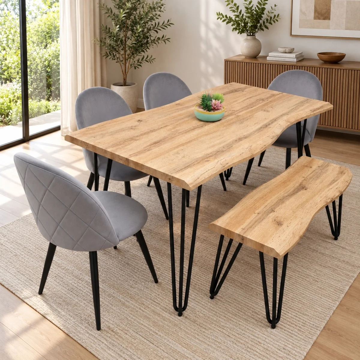 Rustic Wood-Effect Wavy Hairpin-Shaped Legs Dining Table Set with 4 Grey Velvet Chairs & Bench - Brown