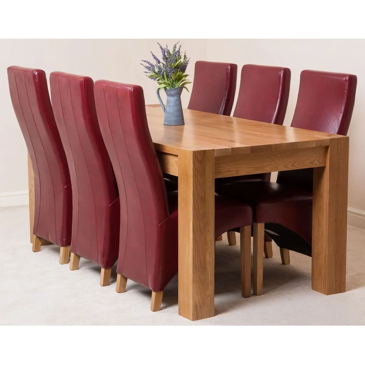 Kuba 180 x 90 cm Chunky Oak Dining Table and 6 Lola Leather Chairs - Red – image 22