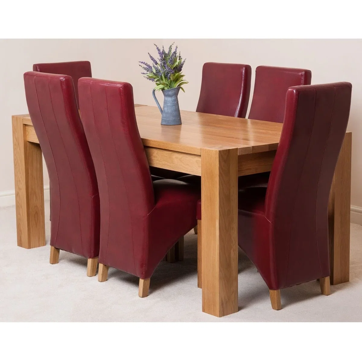 Kuba 180 x 90 cm Chunky Oak Dining Table and 6 Lola Leather Chairs - Red – image 23