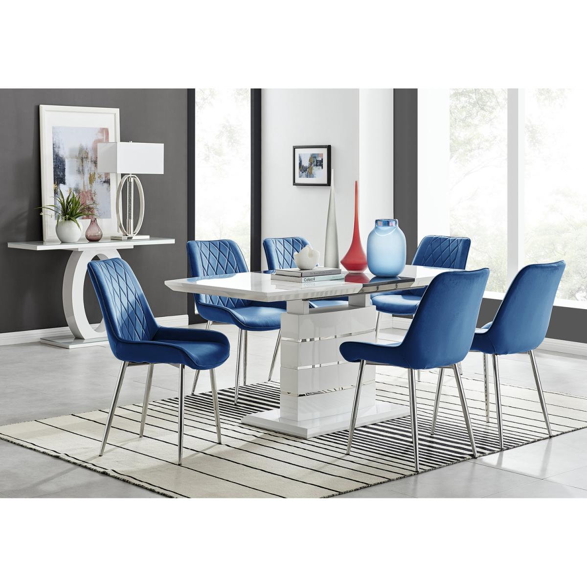 Renato 120cm High Gloss Extending Dining Table and 6 Pesaro Silver Leg Chairs - Blue – image 35