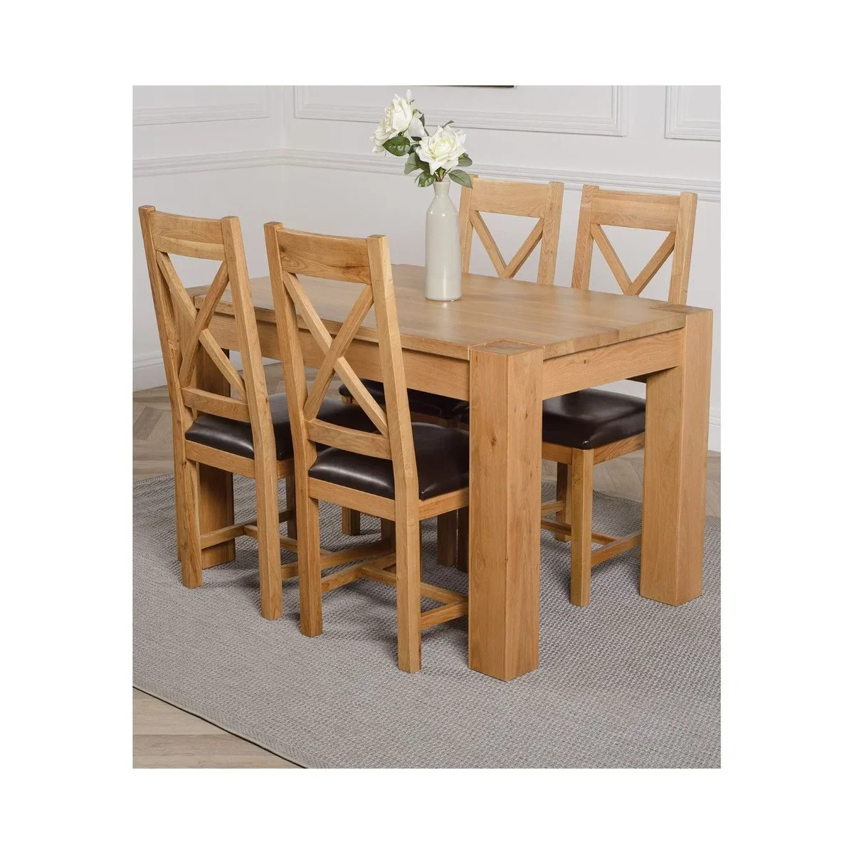 Kuba 125 x 80cm Chunky Oak Small Dining Table and 4 Berkeley Leather Chairs - Brown – image 12