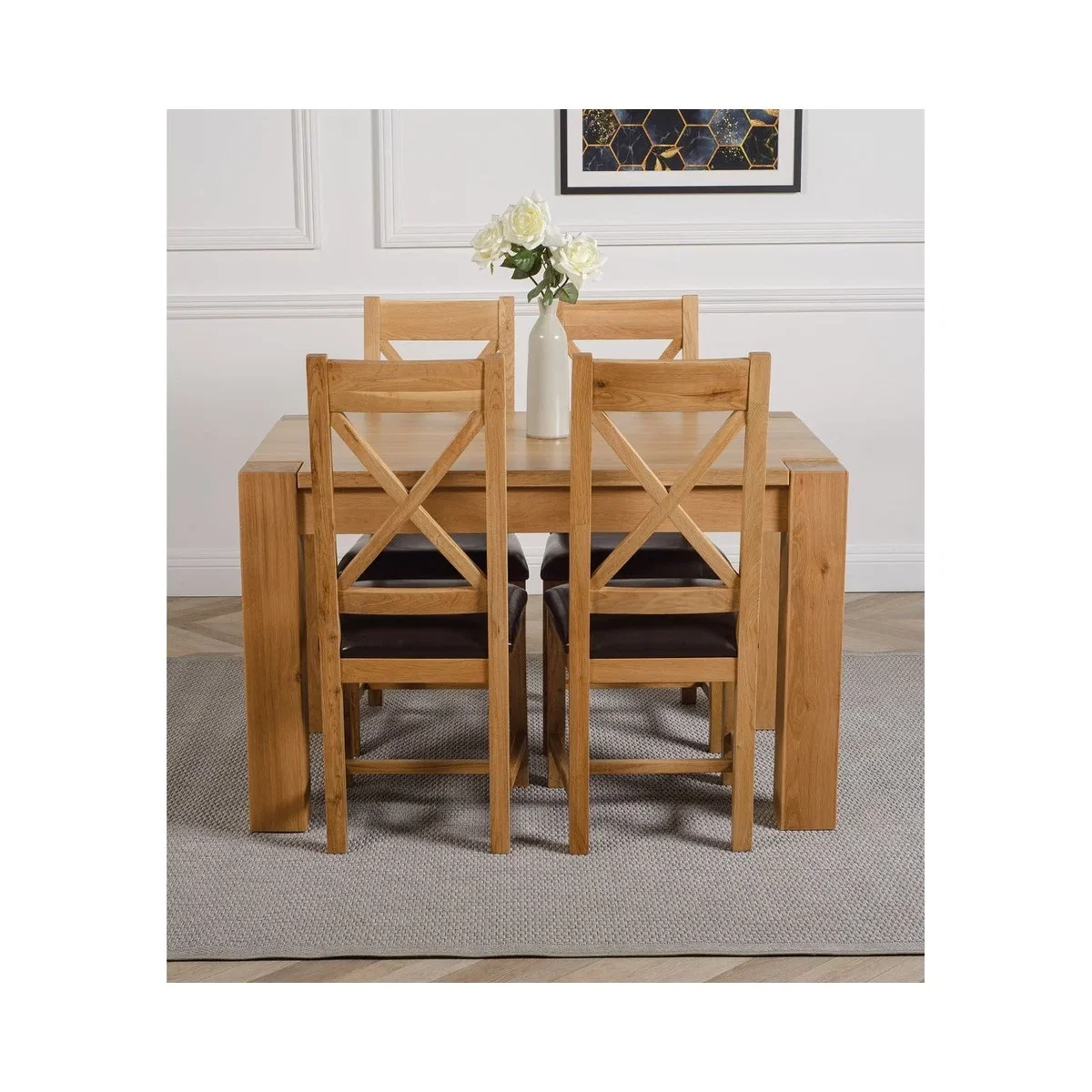 Kuba 125 x 80cm Chunky Oak Small Dining Table and 4 Berkeley Leather Chairs - Brown – image 13
