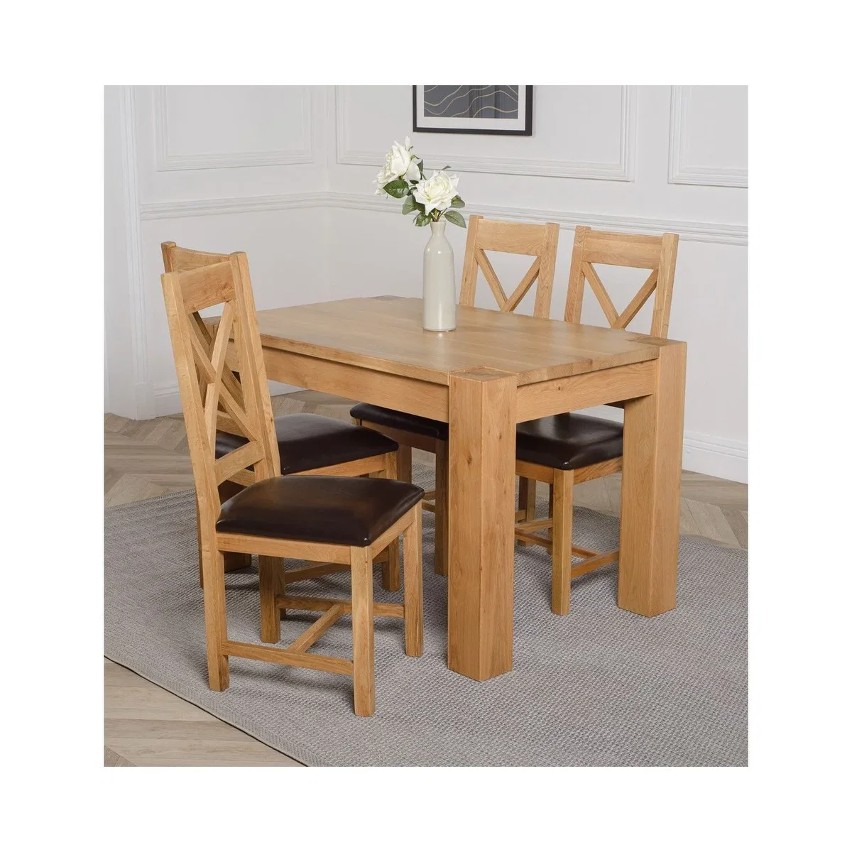 Kuba 125 x 80cm Chunky Oak Small Dining Table and 4 Berkeley Leather Chairs - Brown – image 14