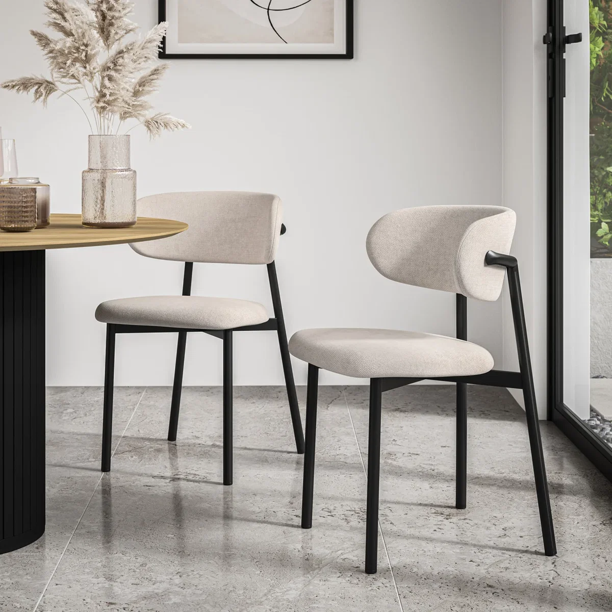 Malvern Black Top with Oak Leg Dining Table and 4 Myla Linen Chairs - Beige - Beige – image 2