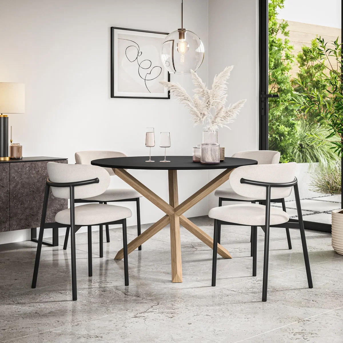 Malvern Black Top with Oak Leg Dining Table and 4 Myla Linen Chairs - Beige - Beige – image 1
