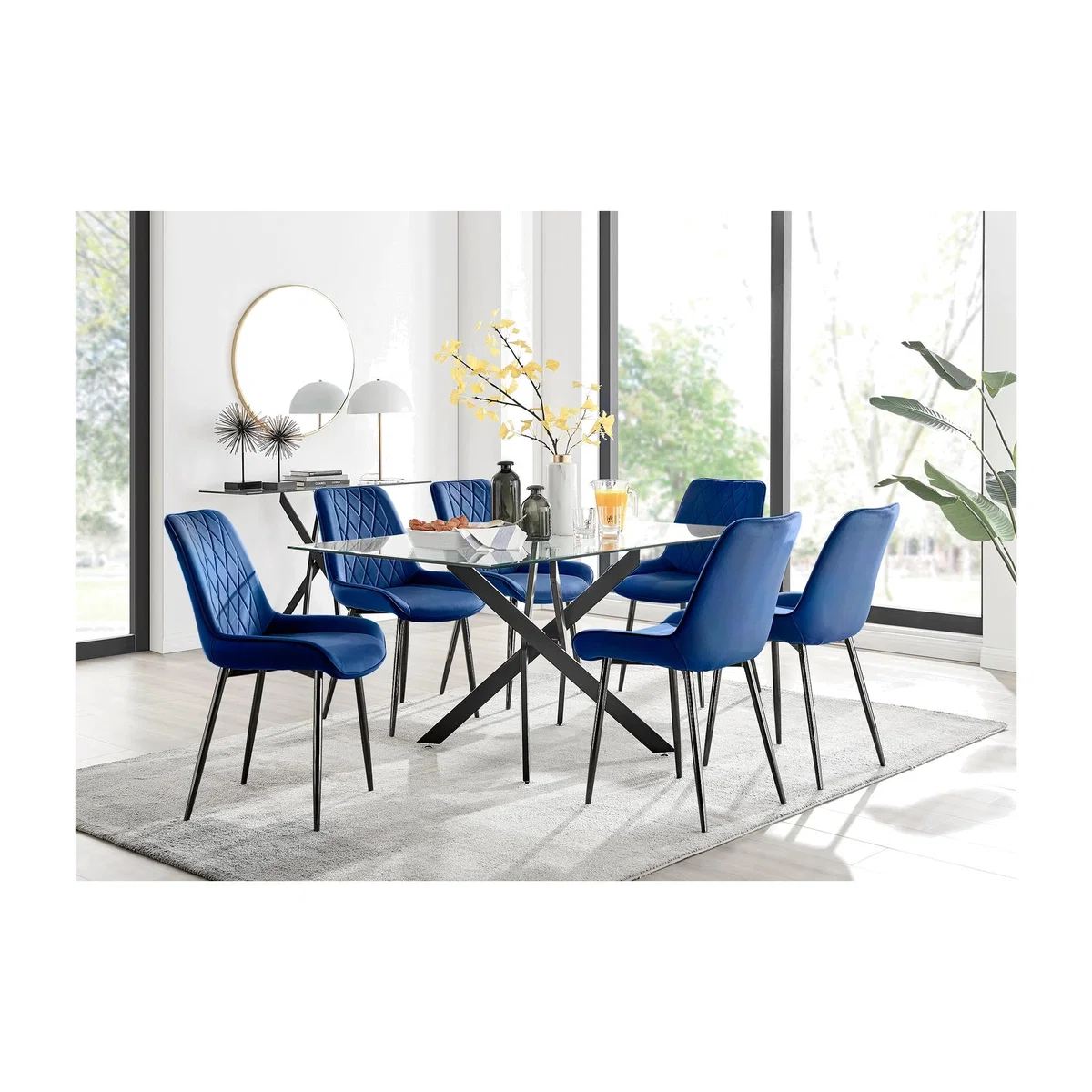 Leonardo Black Leg Glass Dining Table 6 Pesaro Black Leg Chairs - Blue – image 1