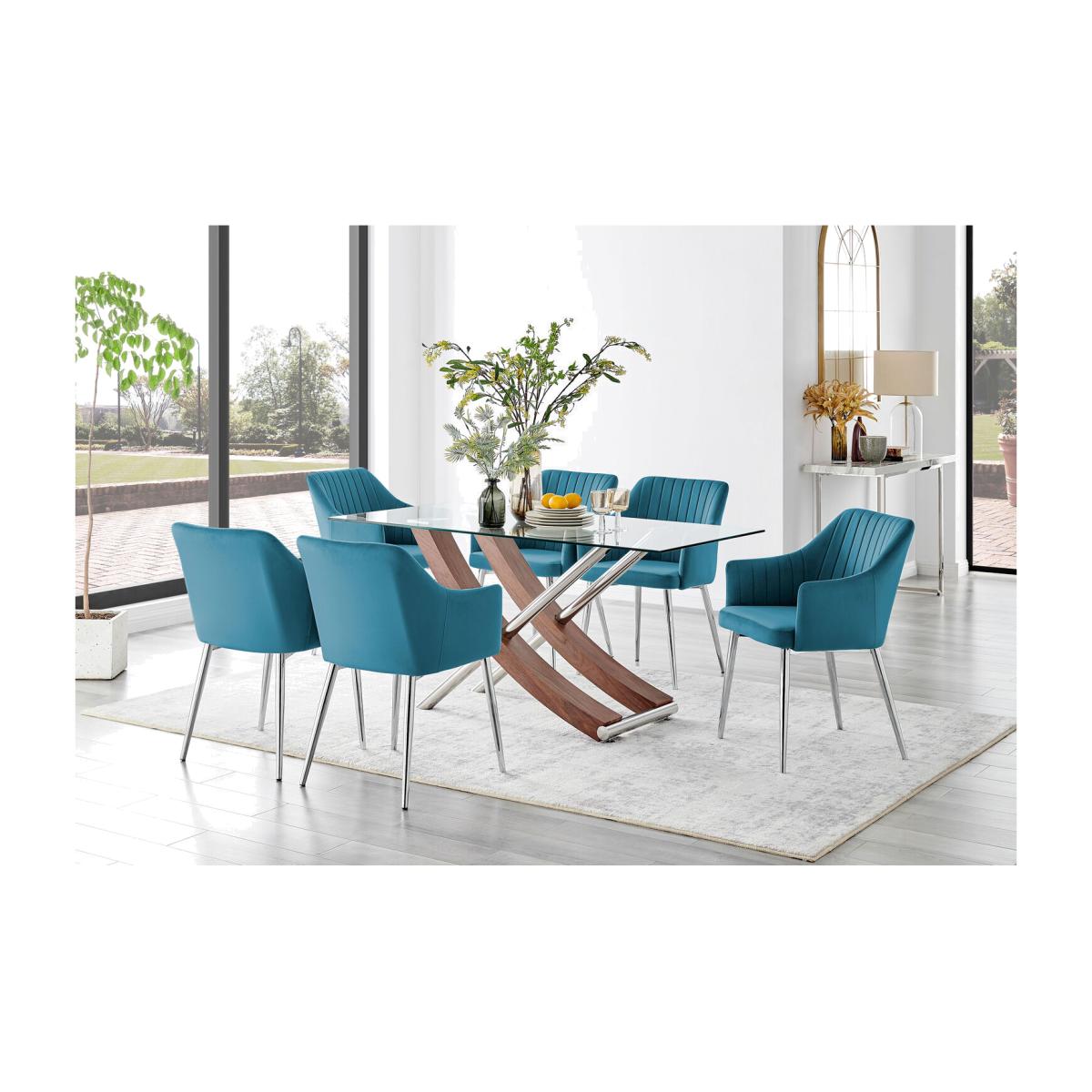 Mayfair Glass Brown Wood Effect Dining Table 6 Calla Silver Leg Chairs - Blue