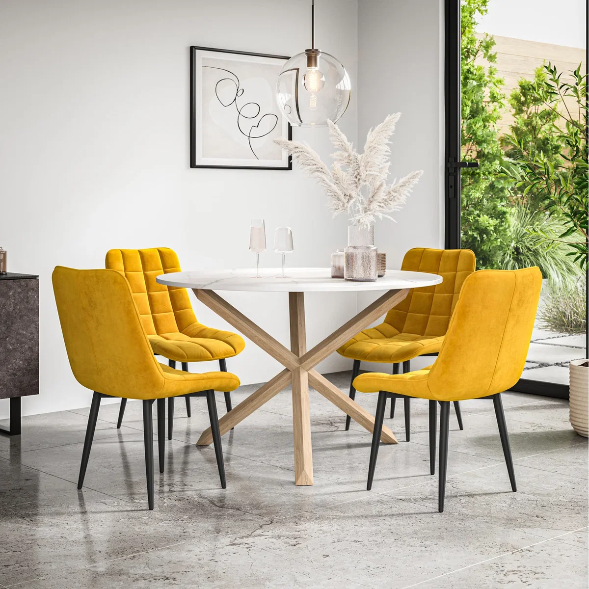 Malvern Round Marble Effect Dining Table Set w Oak Legs w 4-6 Nova Velvet Chair - Mustard