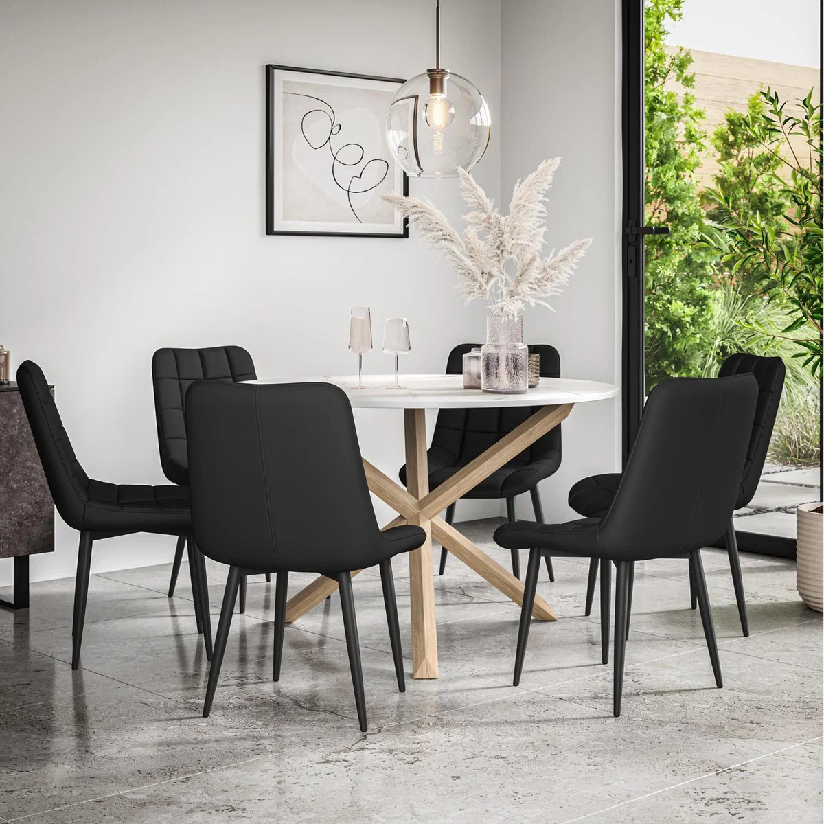 Malvern Round Marble Effect Dining Table Set w Oak Legs w 4-6 Nova Dining Chairs - Black / 6