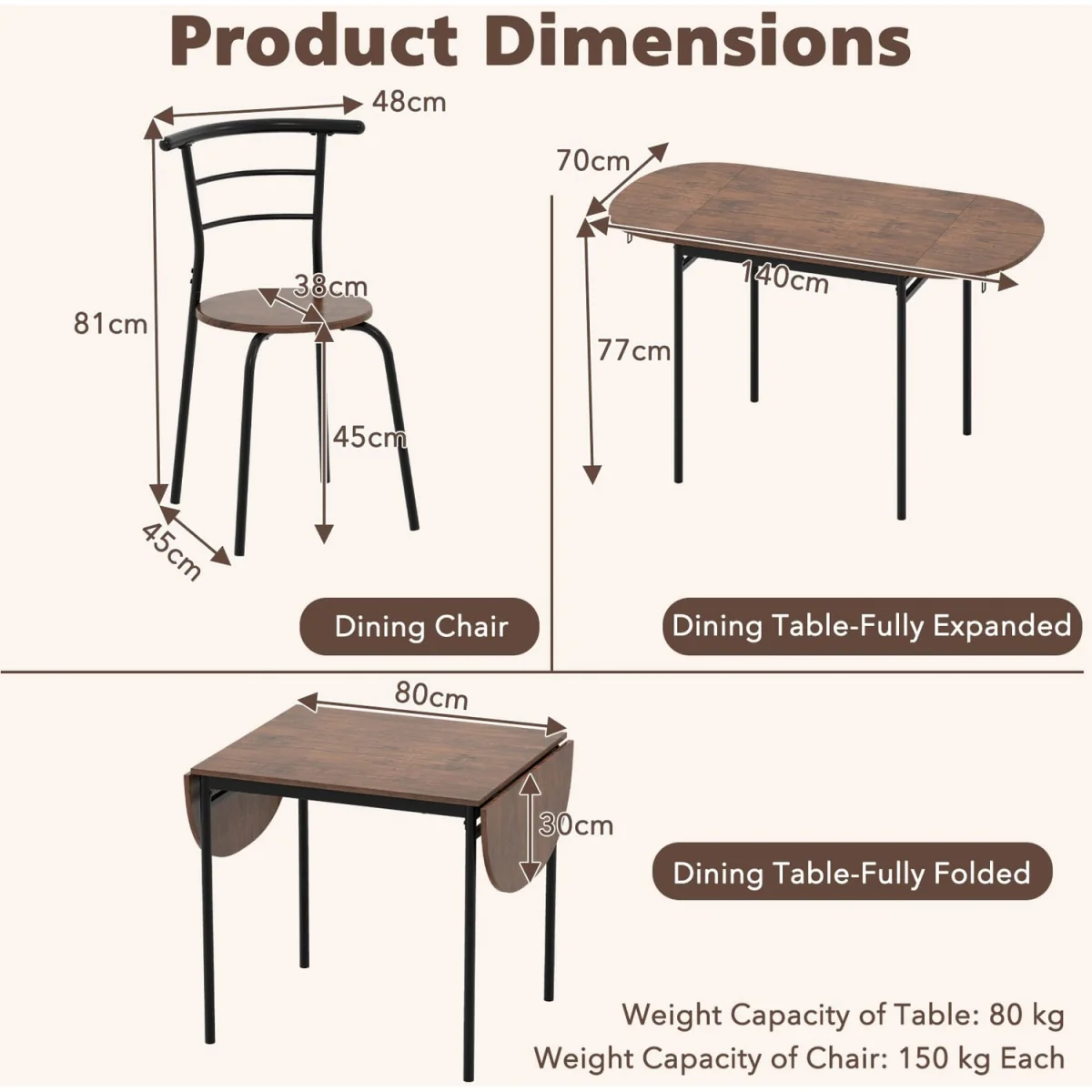 Expandable 3Pcs Dining Table Set - Brown – image 2