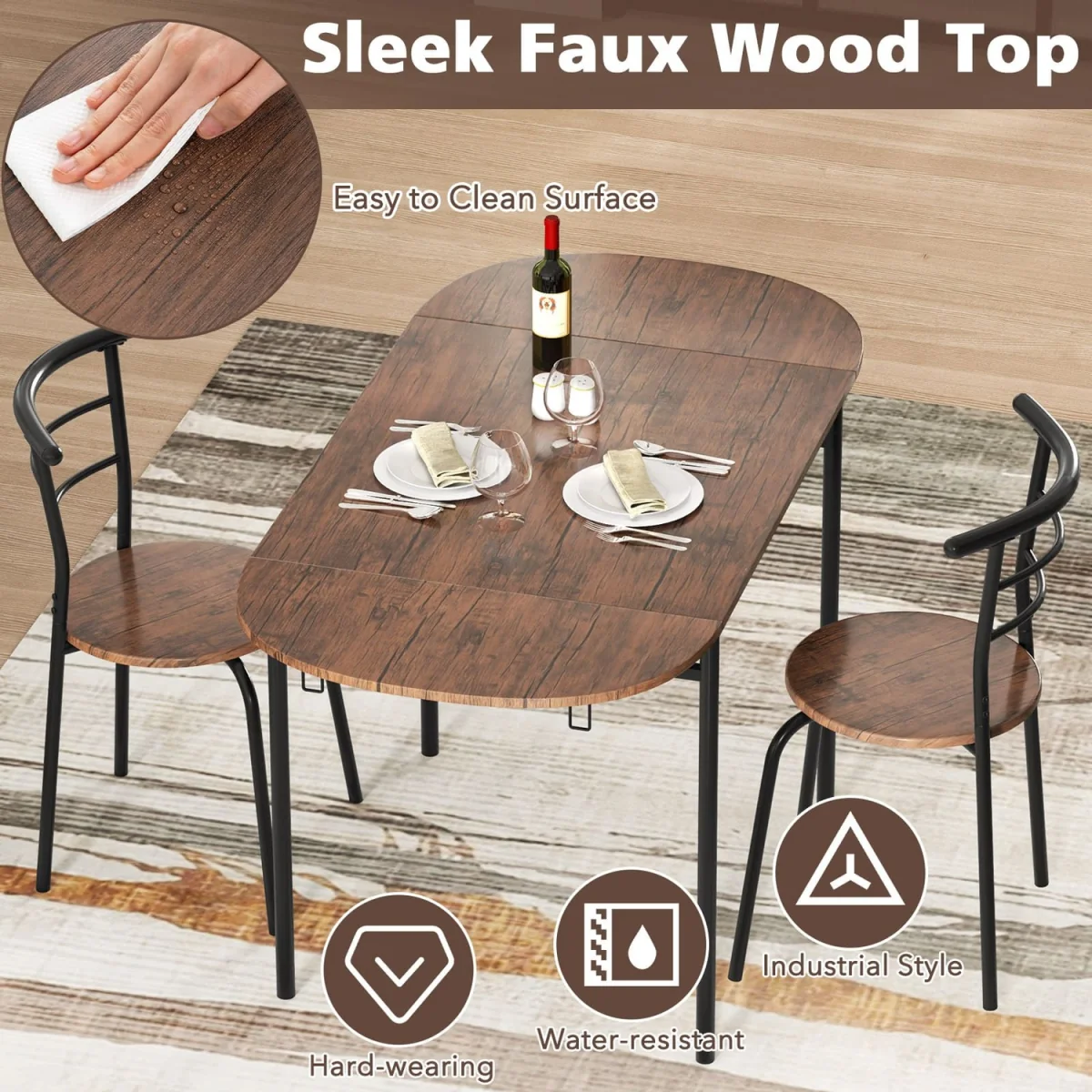 Expandable 3Pcs Dining Table Set - Brown – image 3