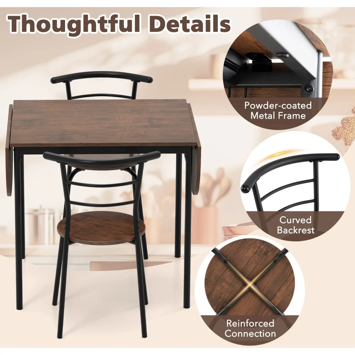 Expandable 3Pcs Dining Table Set - Brown – image 4