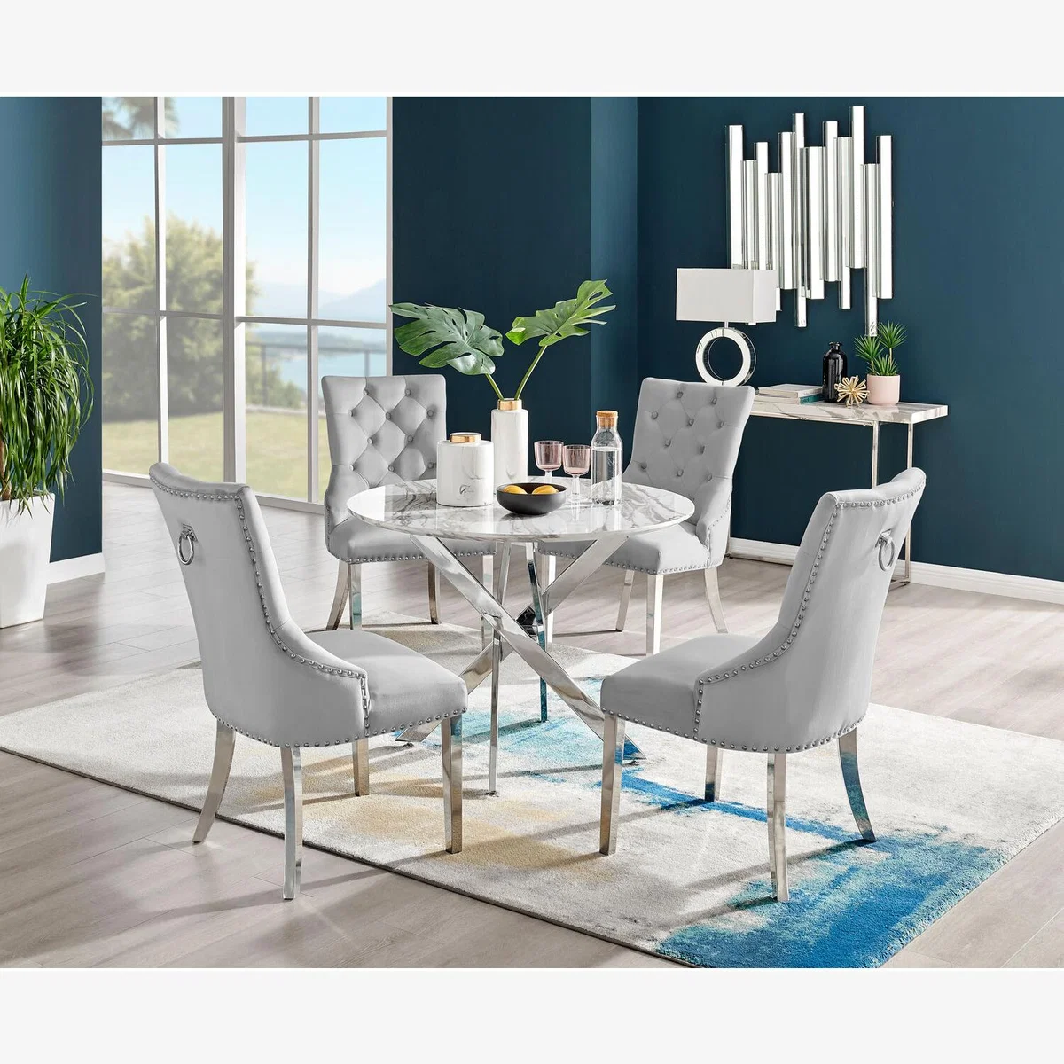 Novara White Marble Round Dining Table And 4 Belgravia Chairs - Green